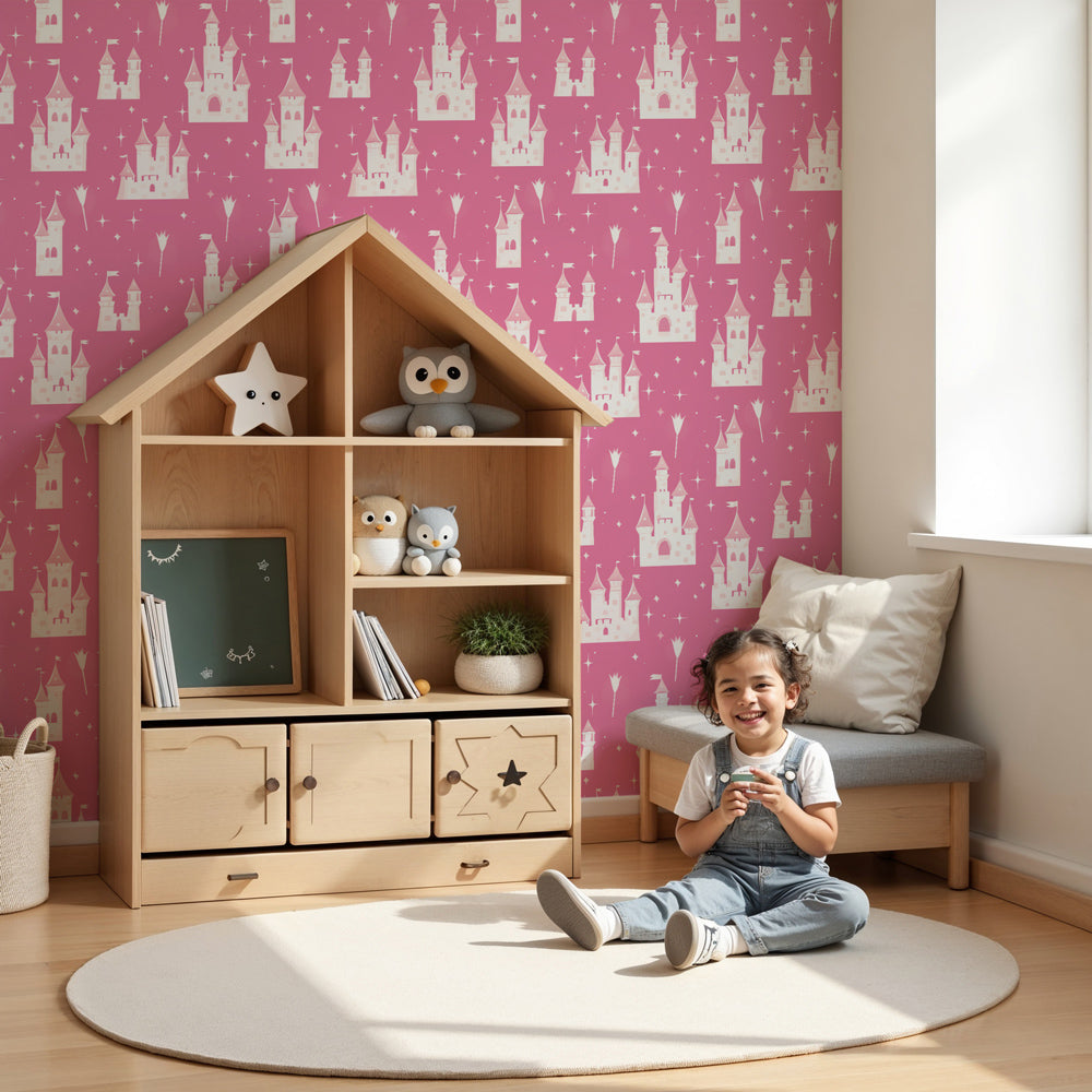 Fairy castle mural wallpaper creating magical pink princess bedroom decor by Kids-Mundo