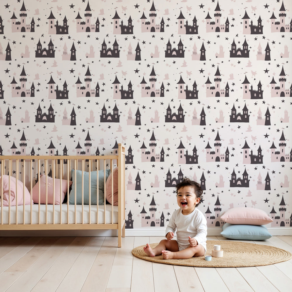 Fairy castle mural wallpaper with pink castles and stars in modern children's bedroom by Kids-Mundo
