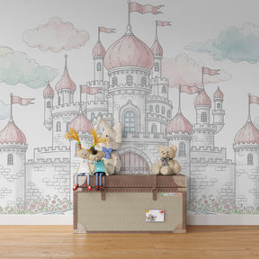Pink fairy castle wallpaper creating magical nursery decor with unicorn theme