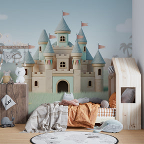 Magical fairy castle mural wallpaper transforming kids playroom into enchanted kingdom by Kids-Mundo