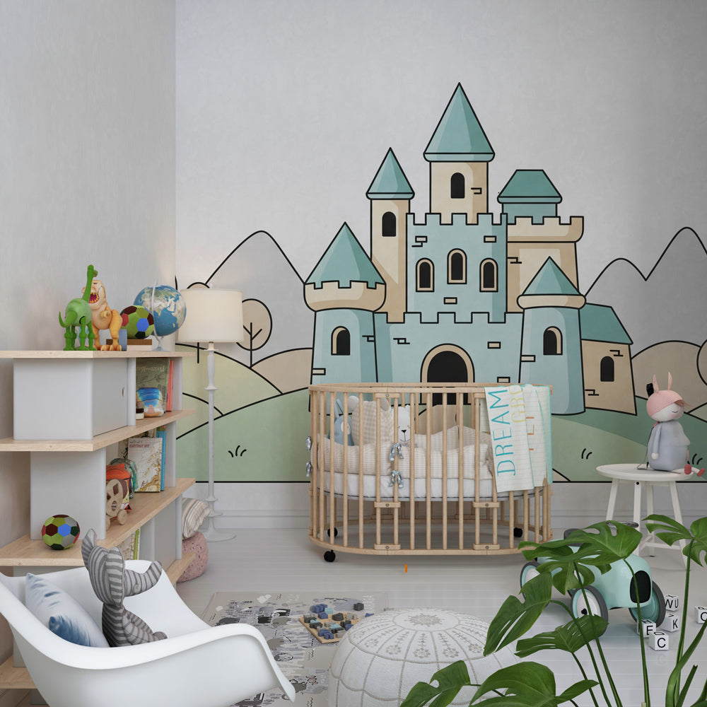 Blue castle wall mural creating imaginative play space for toddlers and young children