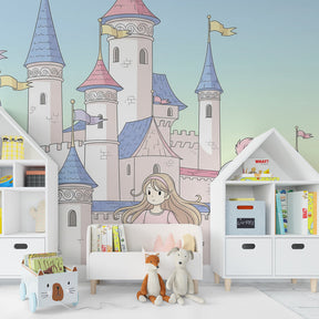 Enchanted castle mural wallpaper transforming kids playroom into fairy tale kingdom
