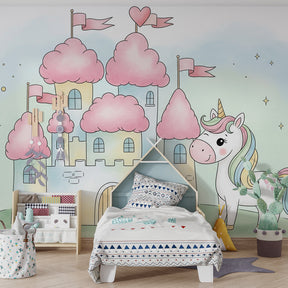 Enchanted castle and unicorn mural wallpaper creating magical playroom atmosphere by Kids-Mundo