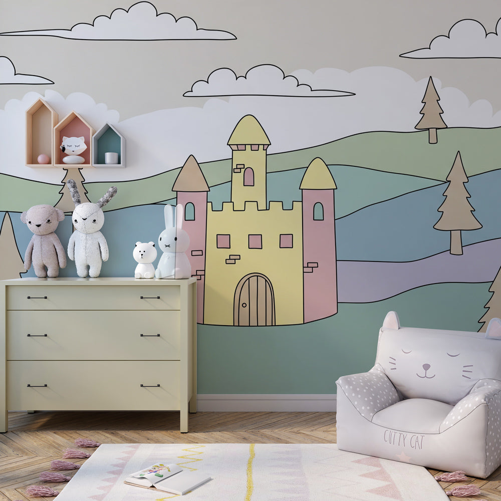 Castle mural wallpaper transforming kids playroom into magical kingdom with soft pastel colors