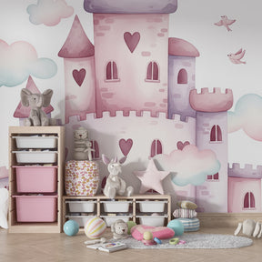 Magical castle mural wallpaper with clouds creating dreamy children's playroom atmosphere