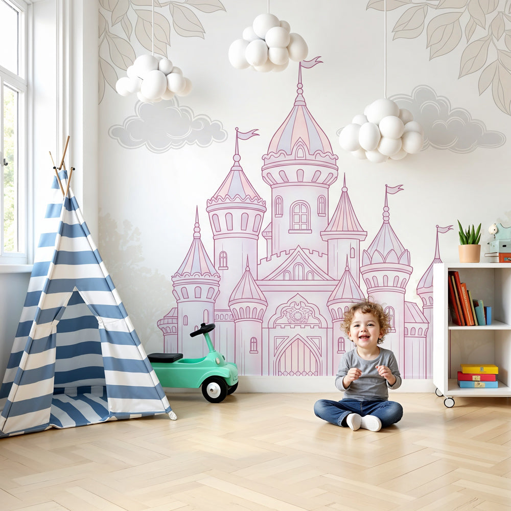 Fairy castle mural wallpaper in soft pastels decorating a dreamy princess bedroom by Kids-Mundo