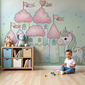 Fairy castle mural wallpaper with magical unicorn creating dreamy nursery decor by Kids-Mundo