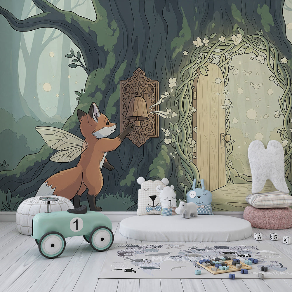 Kids-Mundo fairy fox forest door mural on a feature wall in a child's bedroom