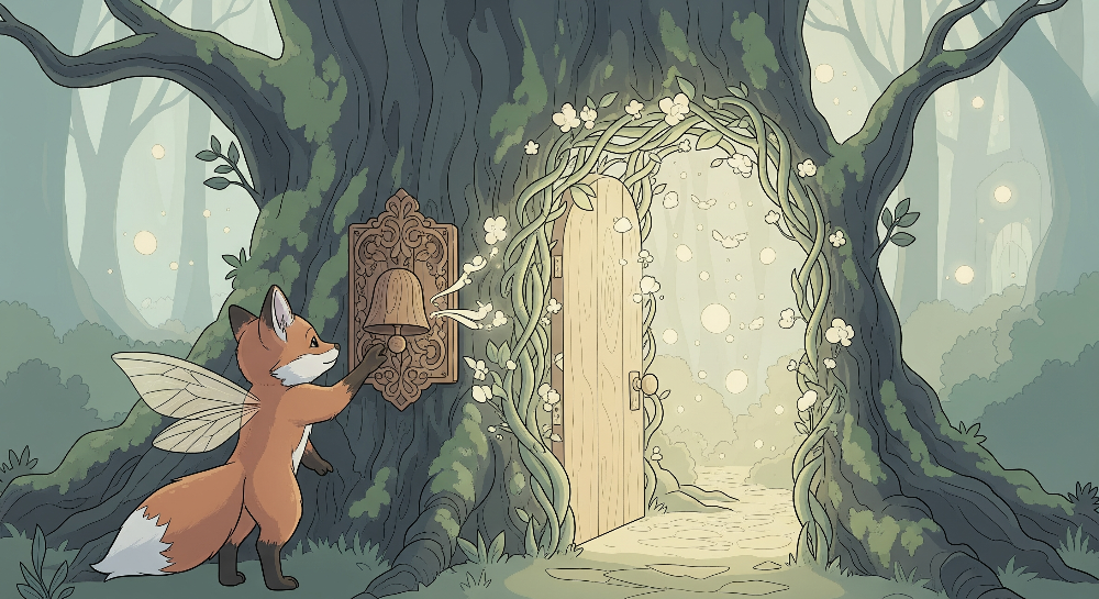 Kids-Mundo flat artwork preview of the fairy fox and magic forest door wall mural