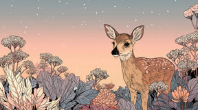 Detailed fairy garden mural wallpaper design pattern featuring baby fawn and enchanted forest by Kids-Mundo