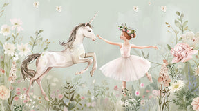 Detailed fairy garden mural wallpaper design pattern with ballerina and unicorn by Kids-Mundo