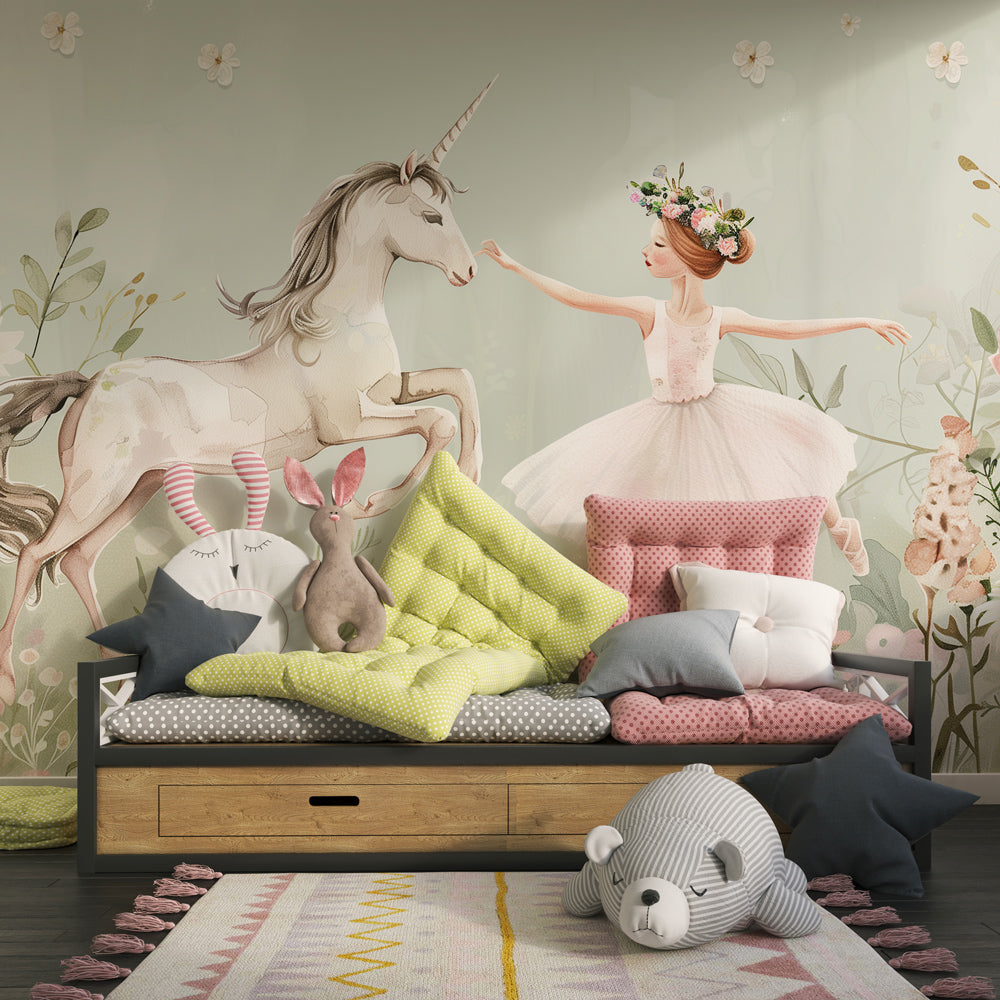 Magical unicorn and ballerina wallpaper creating dreamy atmosphere in children's bedroom
