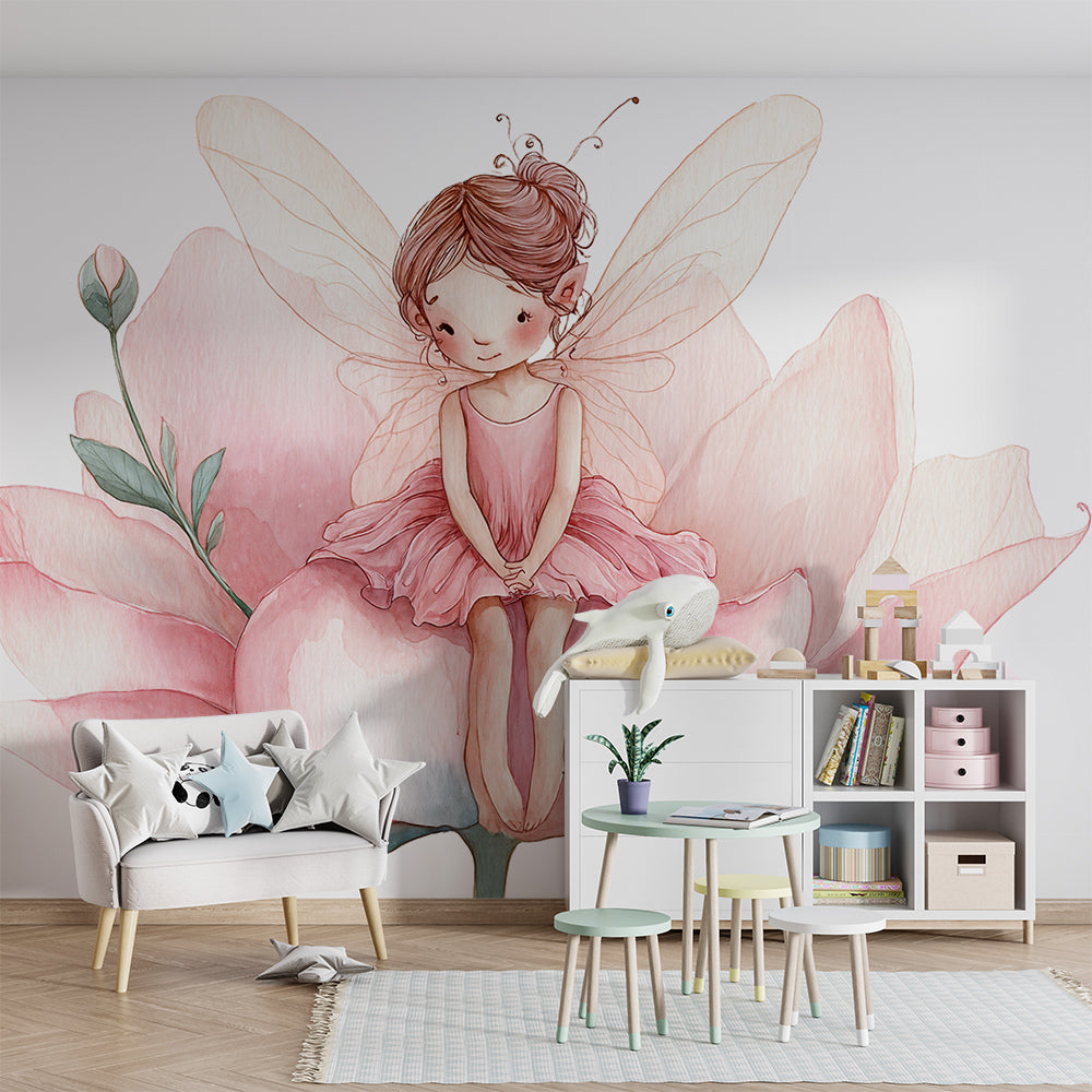 Kids-Mundo fairy and pink flower mural styled in a dreamy kids bedroom