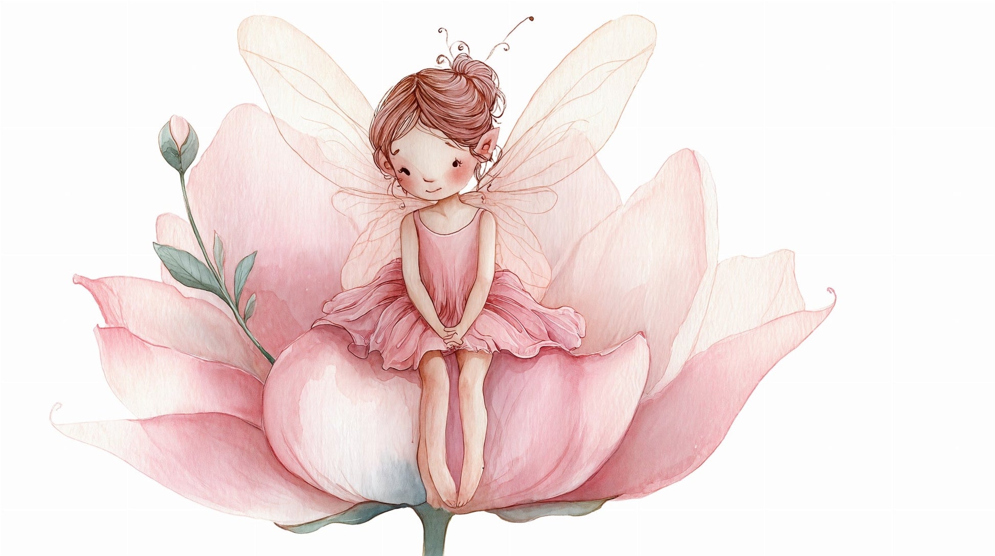 Kids-Mundo flat artwork of a fairy sitting on a pink flower for this wall mural