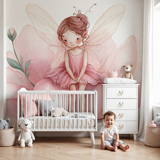 Kids-Mundo whimsical fairy wall mural with a pink flower in a soft nursery