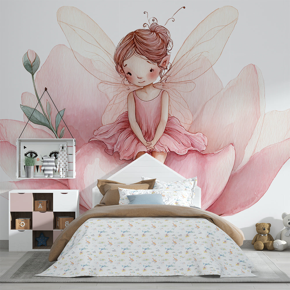 Kids-Mundo blush pink fairy wall mural brightening a magical playroom