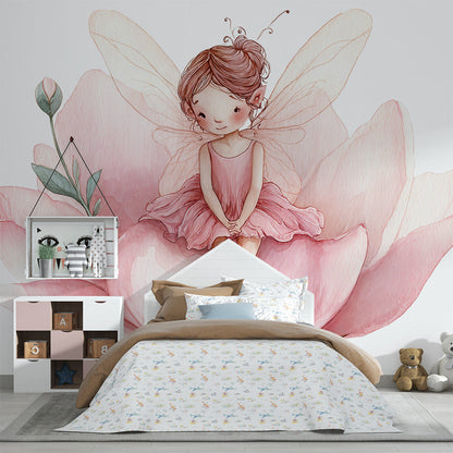Kids-Mundo blush pink fairy wall mural brightening a magical playroom