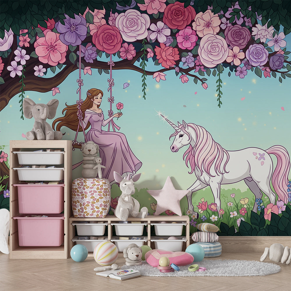 Kids-Mundo unicorn wall mural with garden swing scene covering the feature wall of a girl's bedroom