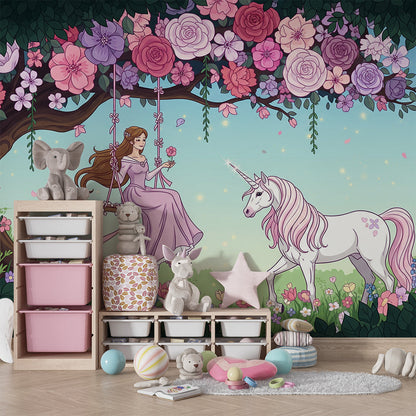 Kids-Mundo unicorn wall mural with garden swing scene covering the feature wall of a girl's bedroom