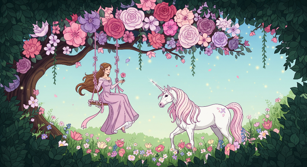 Kids-Mundo flat artwork of a fairy on a floral swing greeting a pink-maned unicorn among roses