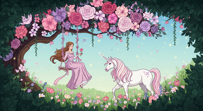 Kids-Mundo flat artwork of a fairy on a floral swing greeting a pink-maned unicorn among roses