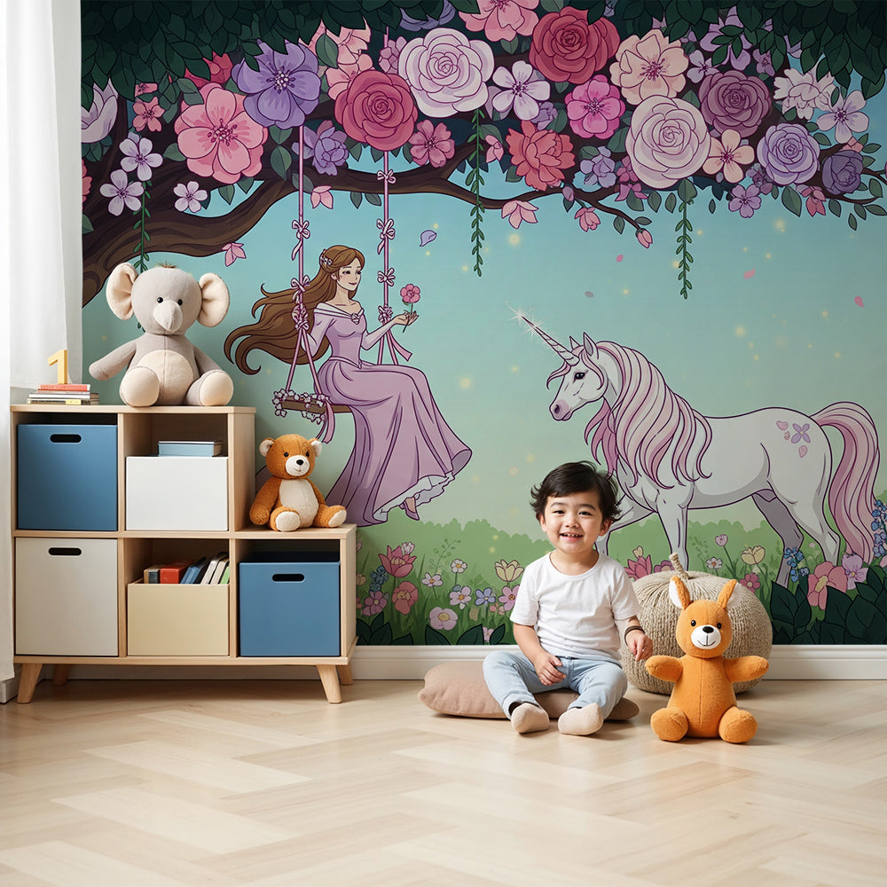 Kids-Mundo fairy swing and rose garden unicorn wall mural fitted above a cot in a soft pink nursery