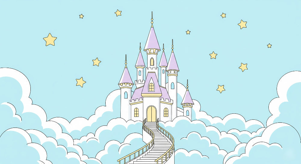 Detailed fairy tale castle mural wallpaper design pattern with clouds and stars by Kids-Mundo