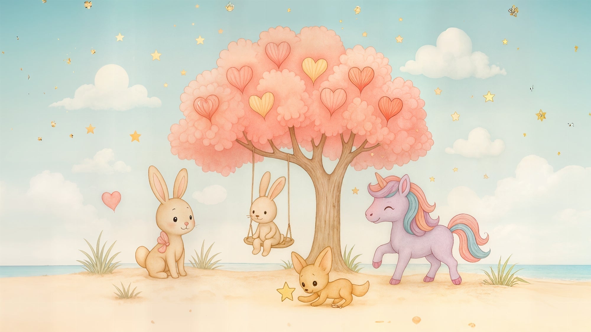 Detailed fairy tale mural wallpaper design pattern with woodland animals and heart-shaped tree by Kids-Mundo