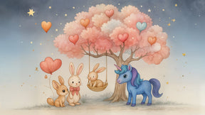 Detailed fairy tale mural wallpaper design pattern with bunnies unicorn enchanted tree by Kids-Mundo