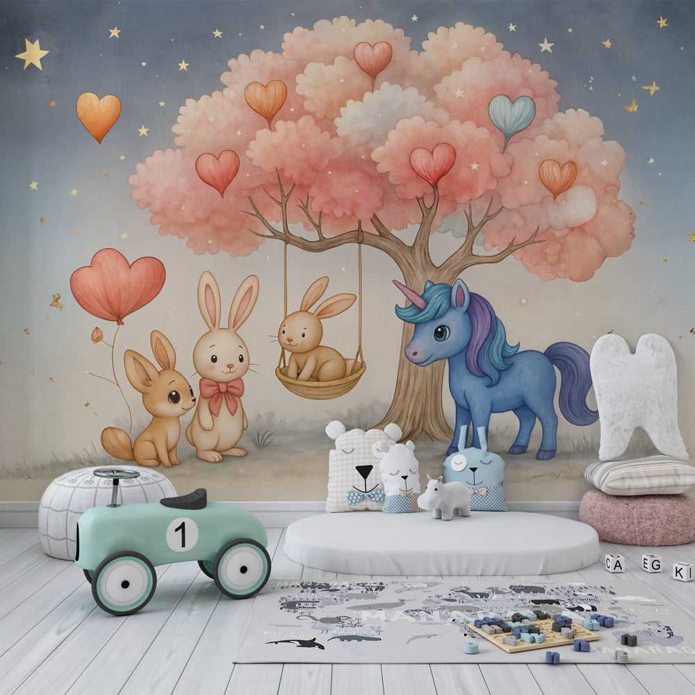 Enchanted forest wallpaper creating magical atmosphere in children's bedroom decor