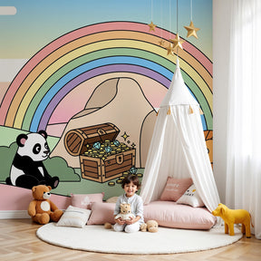 Fairy tale mural wallpaper with panda and lion in modern nursery room by Kids-Mundo