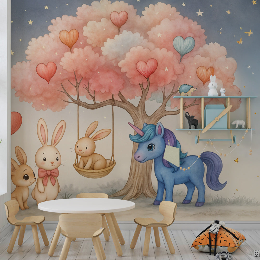 Unicorn and bunny wallpaper transforming toddler room into dreamy fairy tale space