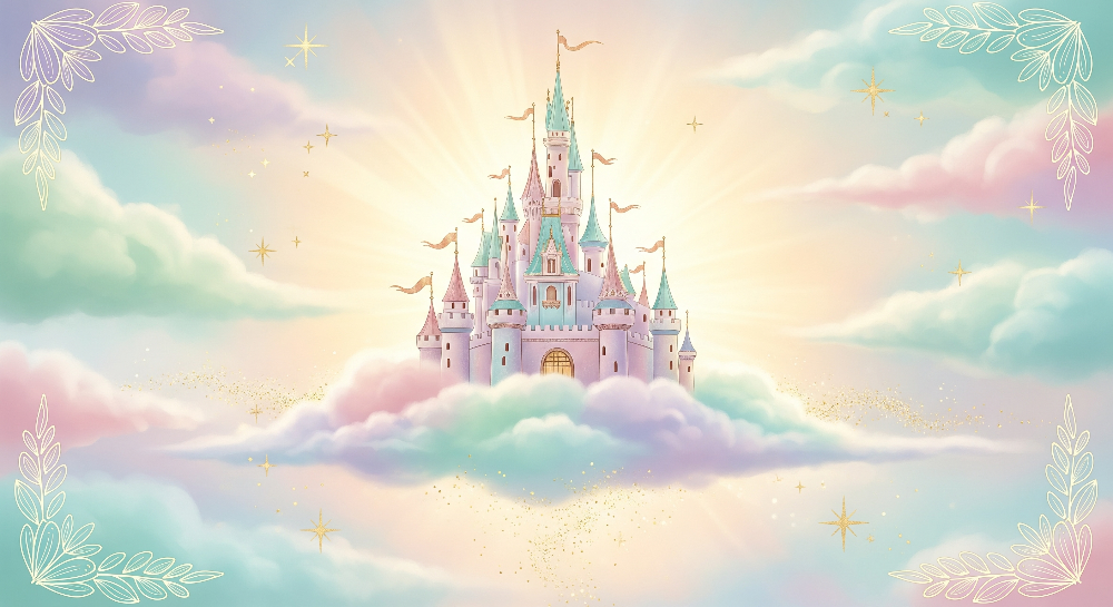 Kids-Mundo flat artwork of a fairytale castle floating in pastel clouds, ready for made-to-measure wall murals.