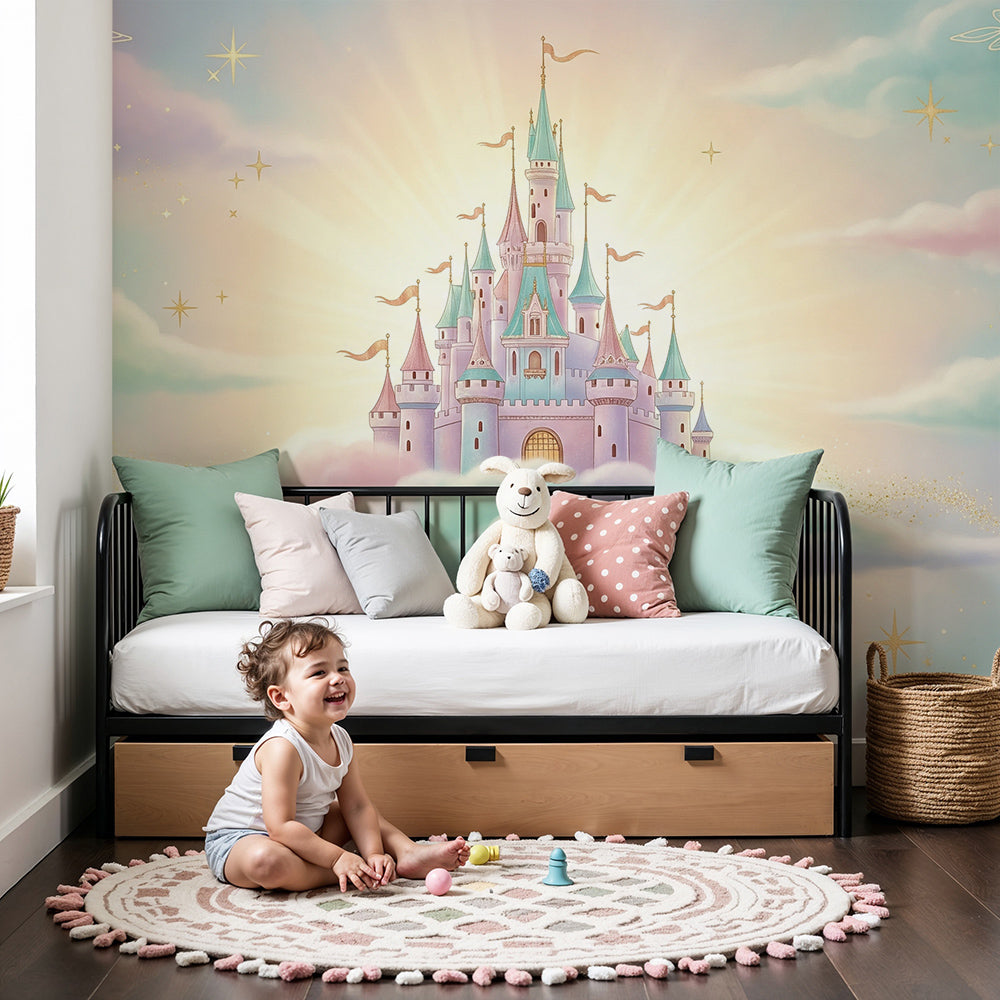 Kids-Mundo fairytale castle wall mural styled as made-to-measure wallpaper in a dreamy baby's nursery.