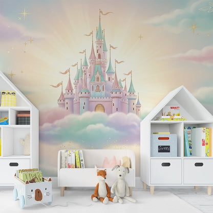 Kids-Mundo fairytale castle wall mural in a playroom, made-to-measure wallpaper with twinkling stars and clouds.