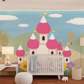 Princess castle wallpaper creating magical atmosphere in toddler bedroom with colorful decor