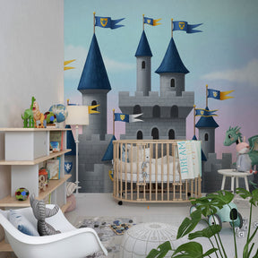 Castle and dragon mural wallpaper transforming children's playroom into medieval kingdom
