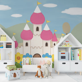 Castle theme mural wallpaper transforming kids playroom into enchanted fairy tale kingdom
