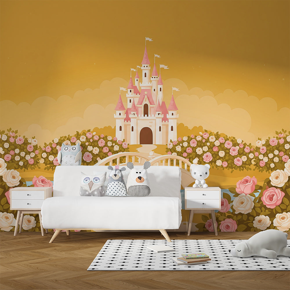 Kids-Mundo castle rose garden wall mural covering a feature wall in a princess bedroom
