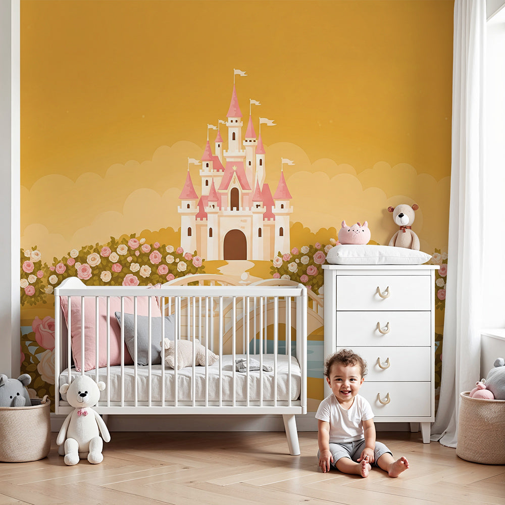 Kids-Mundo fairytale castle wall mural styled behind a cot in a soft pink nursery