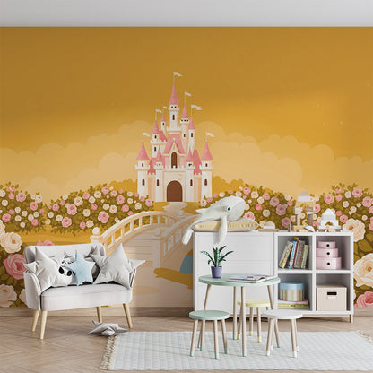 Kids-Mundo fairytale castle wall mural brightening a playful girls' playroom wall