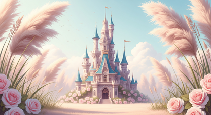 Kids-Mundo flat artwork of a fairytale castle surrounded by roses and pampas grass