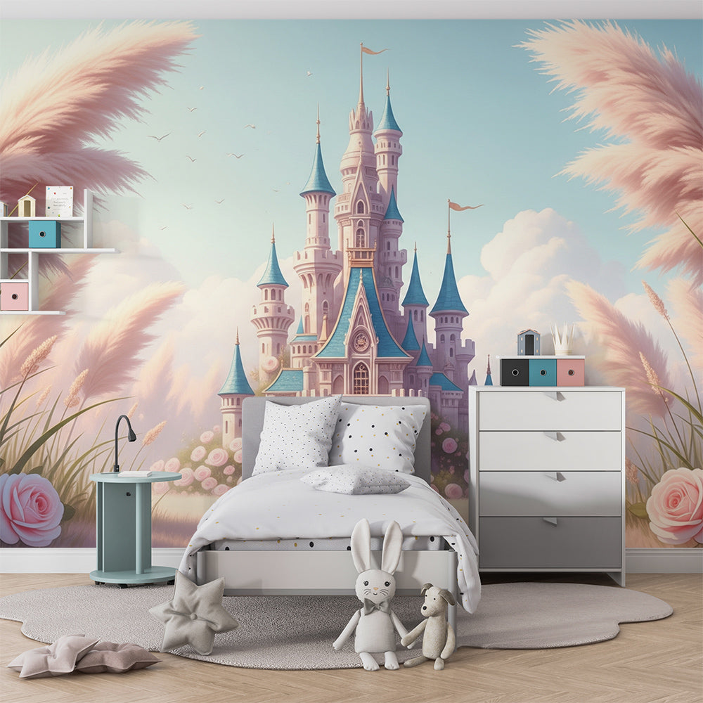 Kids-Mundo fairytale castle and rose wall mural adding magic to a playroom