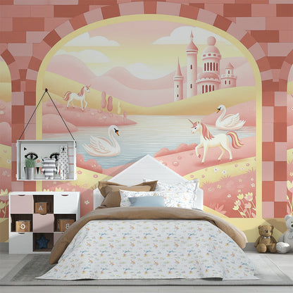 Kids-Mundo unicorn and swan wall mural with a fairytale castle, in a girl's bedroom.