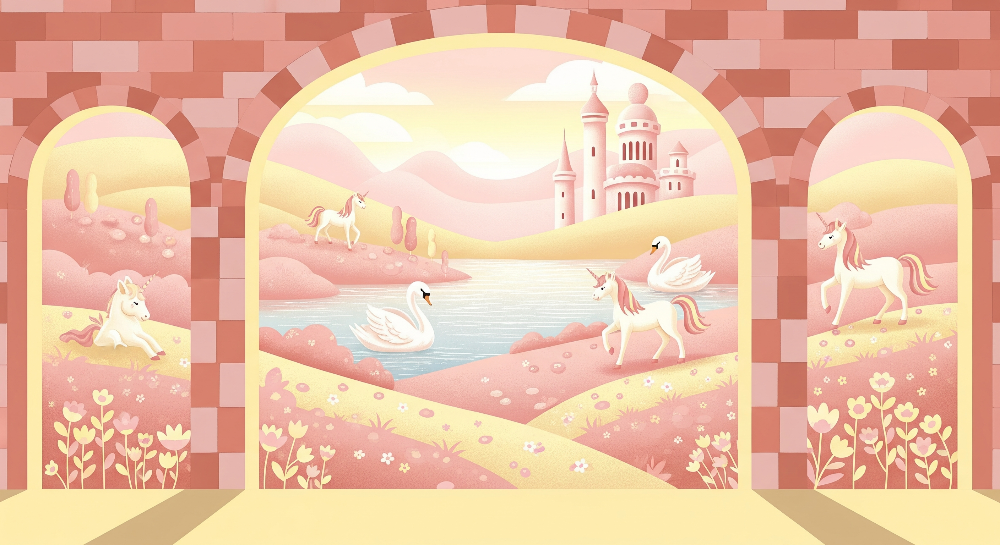 Fairytale Castle Swans and Unicorns Wall Mural