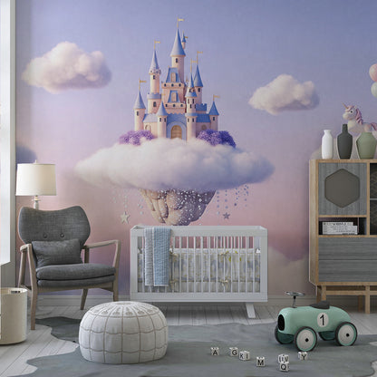 Kids-Mundo fairytale castle and unicorn wall mural featured in a magical children's bedroom