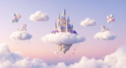 Flat artwork preview of the Kids-Mundo fairytale castle and unicorns wall mural design
