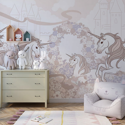 Kids-Mundo unicorn and castle wall mural covering a feature wall in an elegant kids bedroom