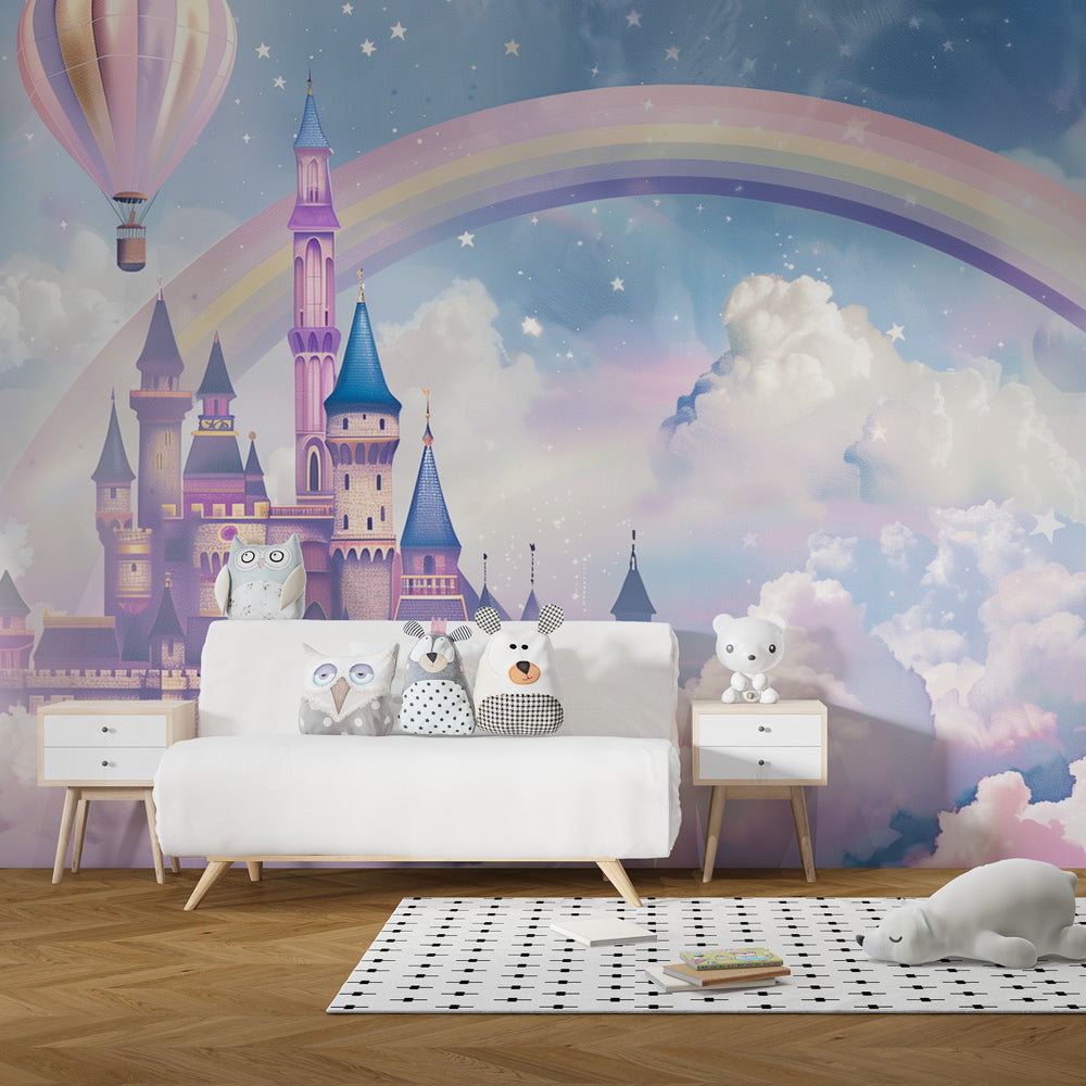 Kids-Mundo fairytale castle wall mural behind a single bed in a pastel kids bedroom.