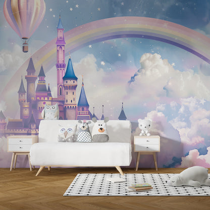 Kids-Mundo fairytale castle wall mural behind a single bed in a pastel kids bedroom.